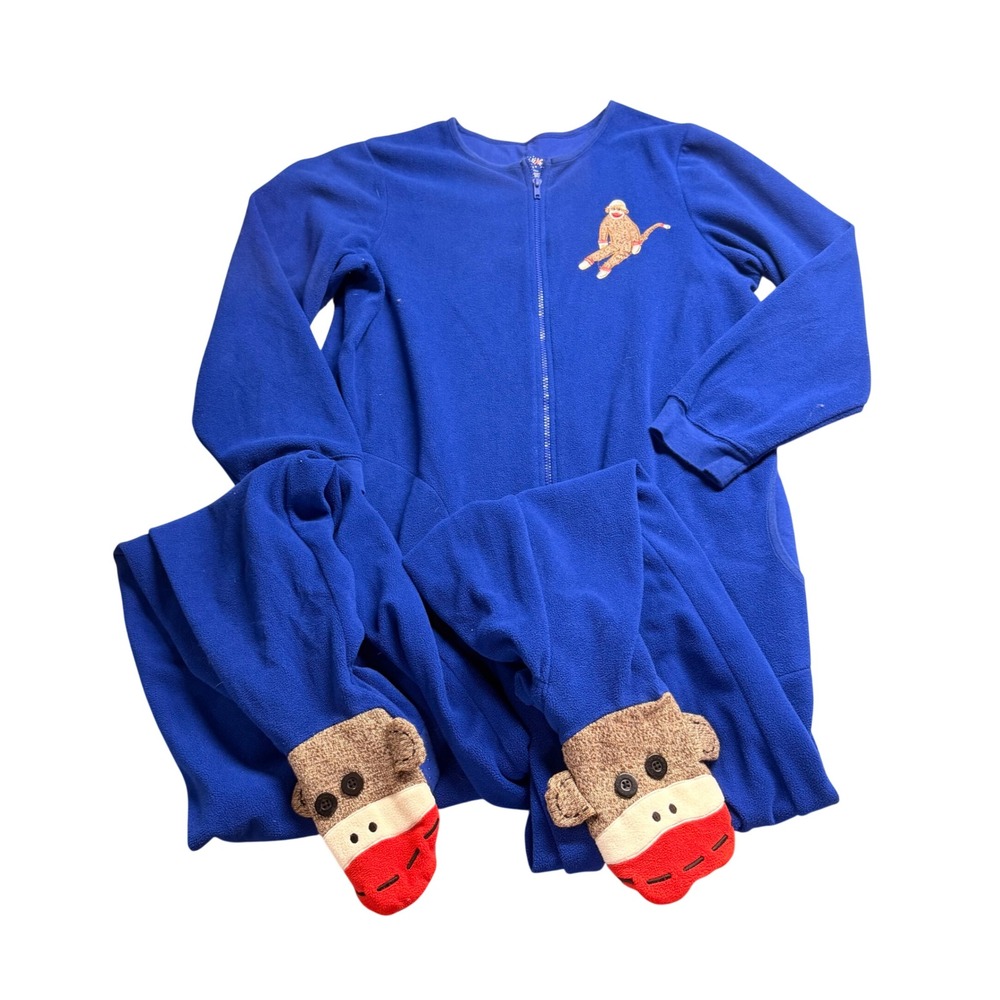 Nick & Nora Blue Fleece Sock Monkey Footed Pajamas Union Suit Large